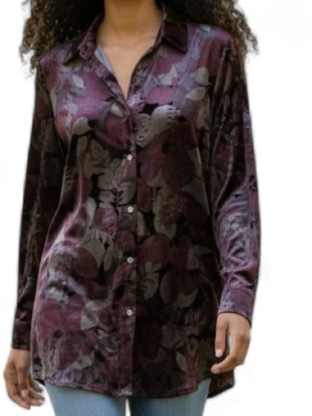 Denim & Co. Velvet Floral Button-Up Tunic Top